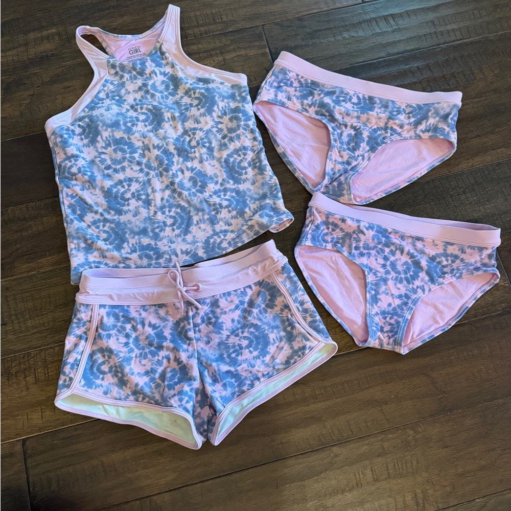 Athleta Girl Sz 14/16 Blue and Pink Tie-Dye Swim tankini set with board shorts